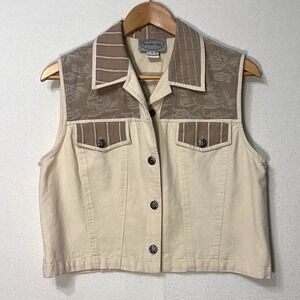 Stonebridge Womens Cream Rose Floral Print Vest M Button Up‎ Collared Sleeveless